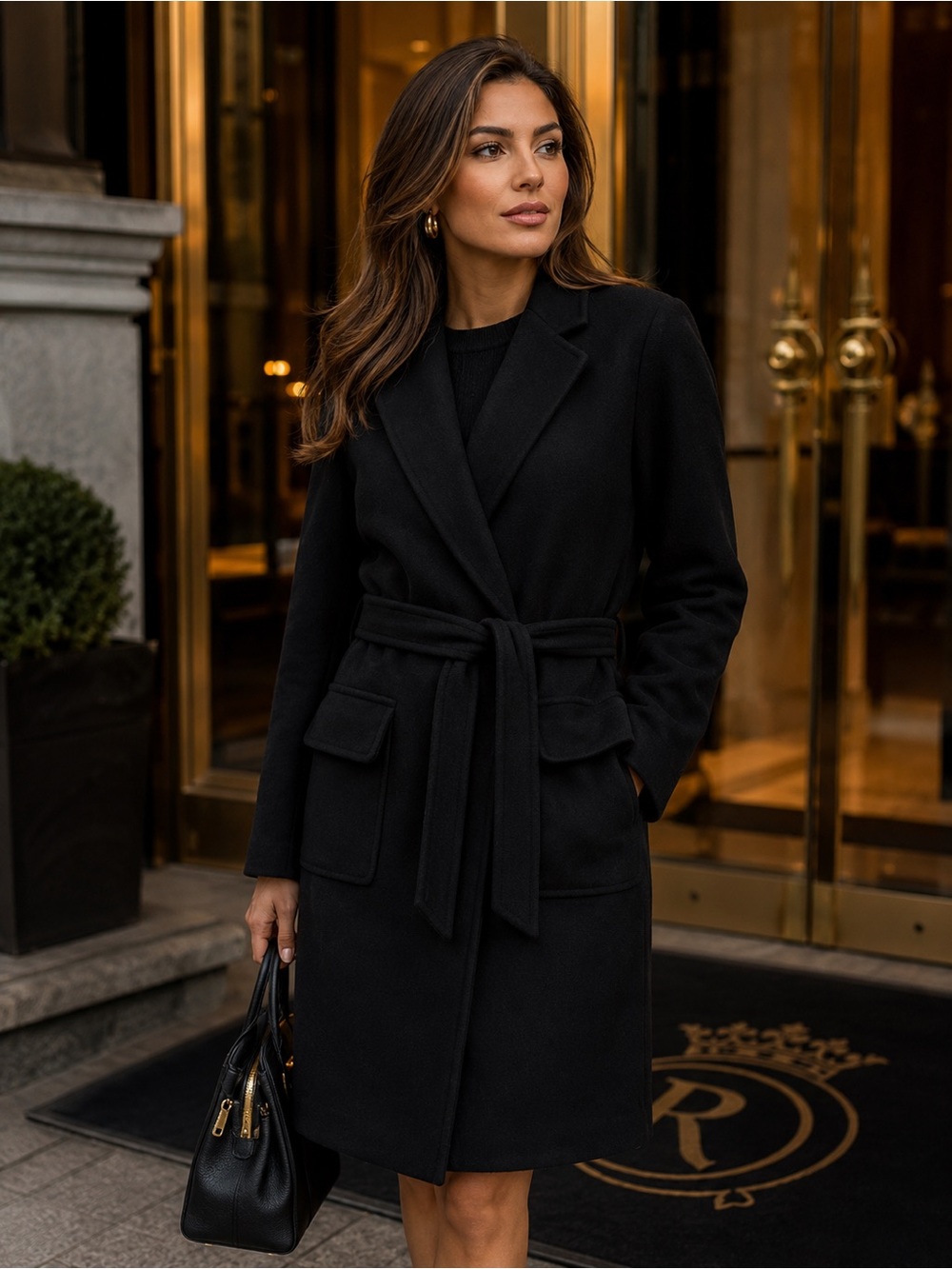 CLUB Monaco Collection women's black wool tie wrap coat Sz L